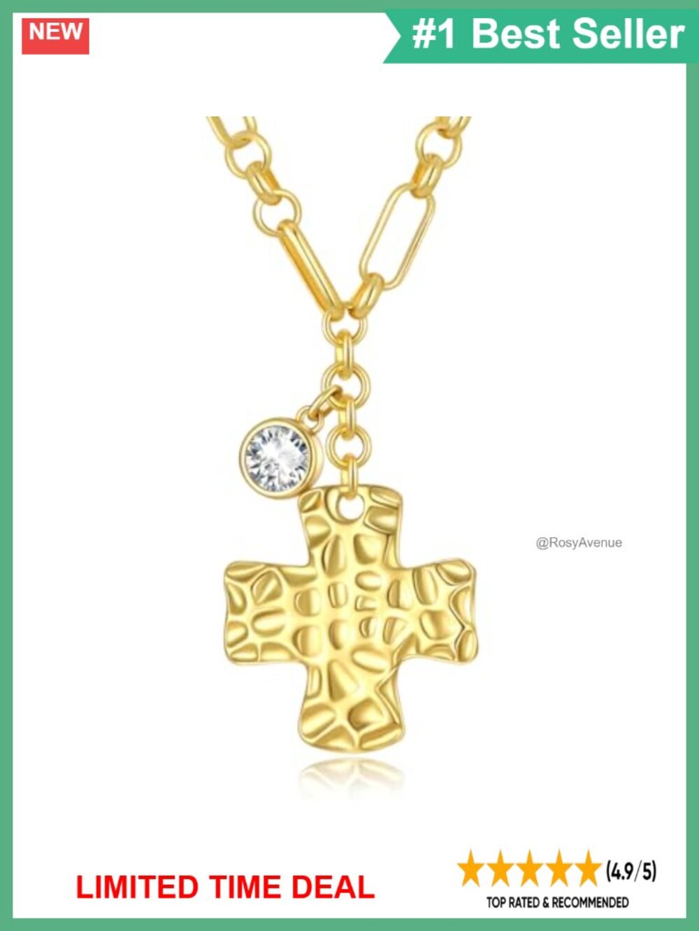 14K Gold Plated Hammered Cross Pendant Necklace Cubic Zirconia